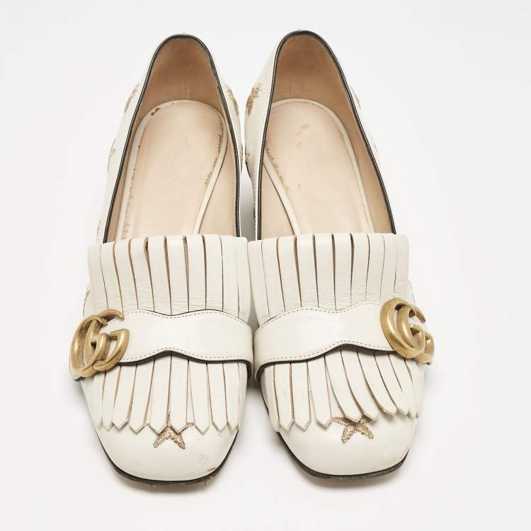 Pre Owned Gucci Cream Leather GG Marmont Fringe Block Heel Pumps Size 37