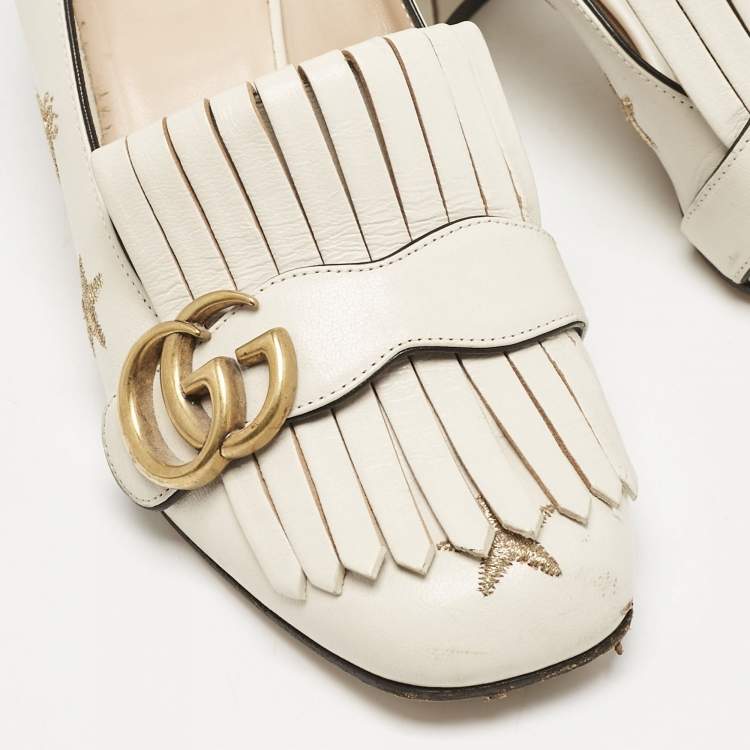 Pre Owned Gucci Cream Leather GG Marmont Fringe Block Heel Pumps Size 37