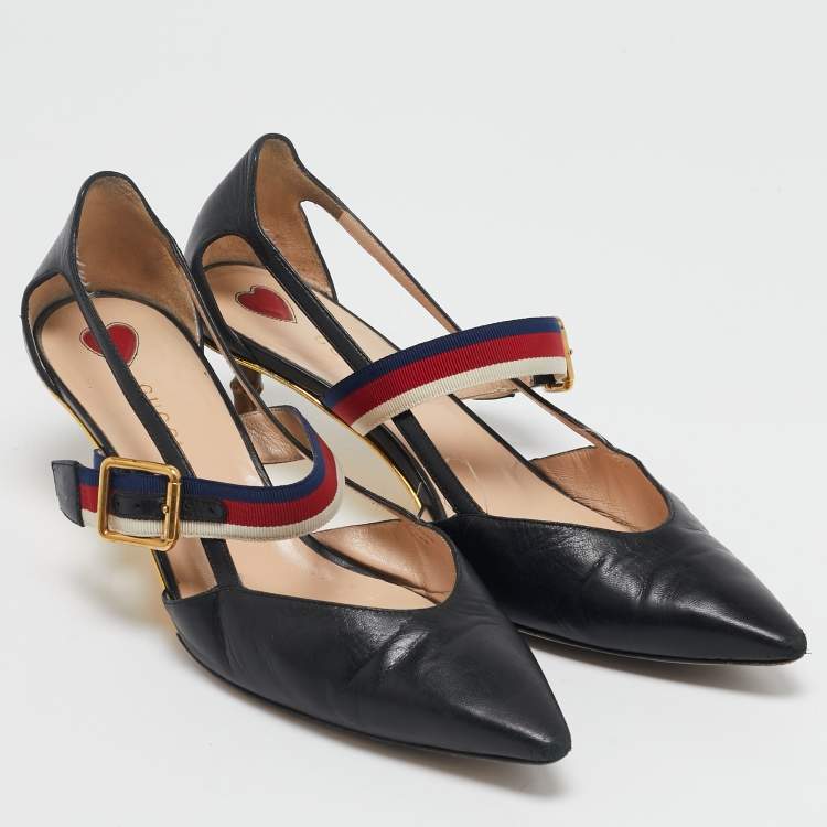 Pre Owned Gucci Black Leather Sylvie Web Strap Bamboo Heel Pumps Size 38.5