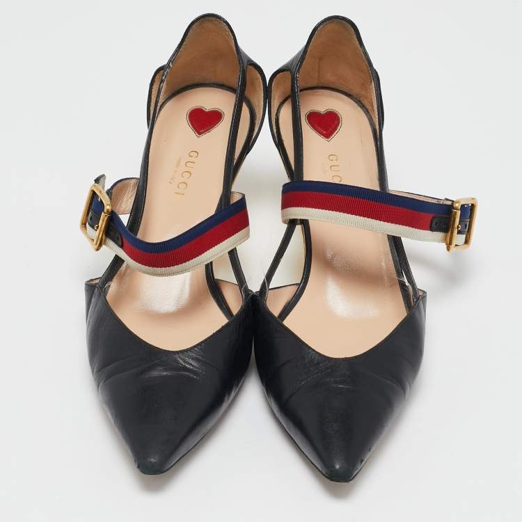 Pre Owned Gucci Black Leather Sylvie Web Strap Bamboo Heel Pumps Size 38.5
