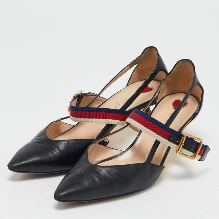 Pre Owned Gucci Black Leather Sylvie Web Strap Bamboo Heel Pumps Size 38.5