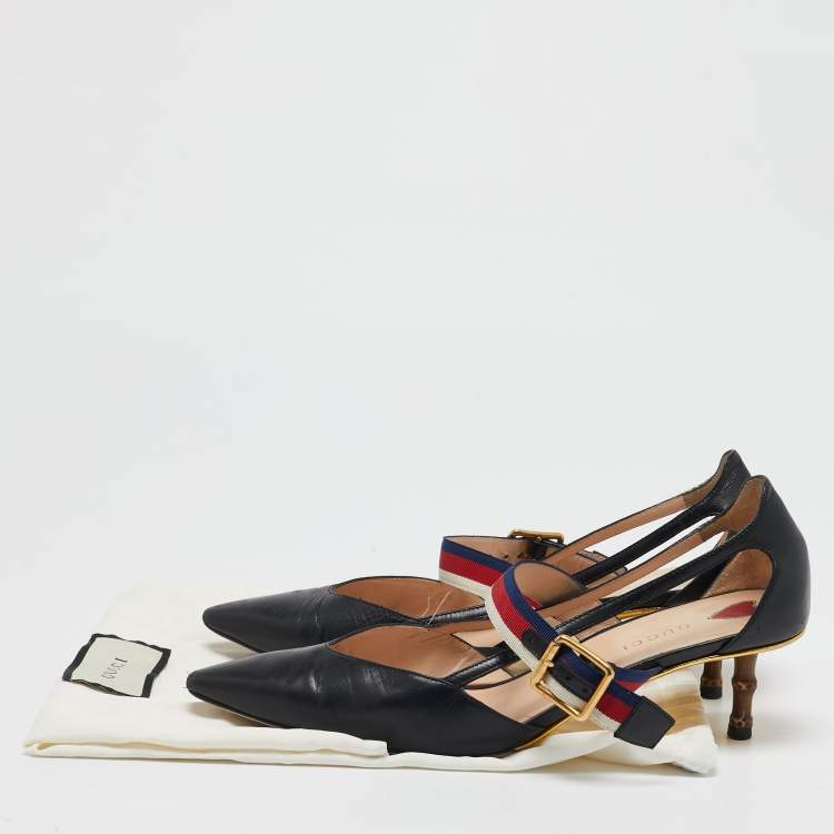 Pre Owned Gucci Black Leather Sylvie Web Strap Bamboo Heel Pumps Size 38.5