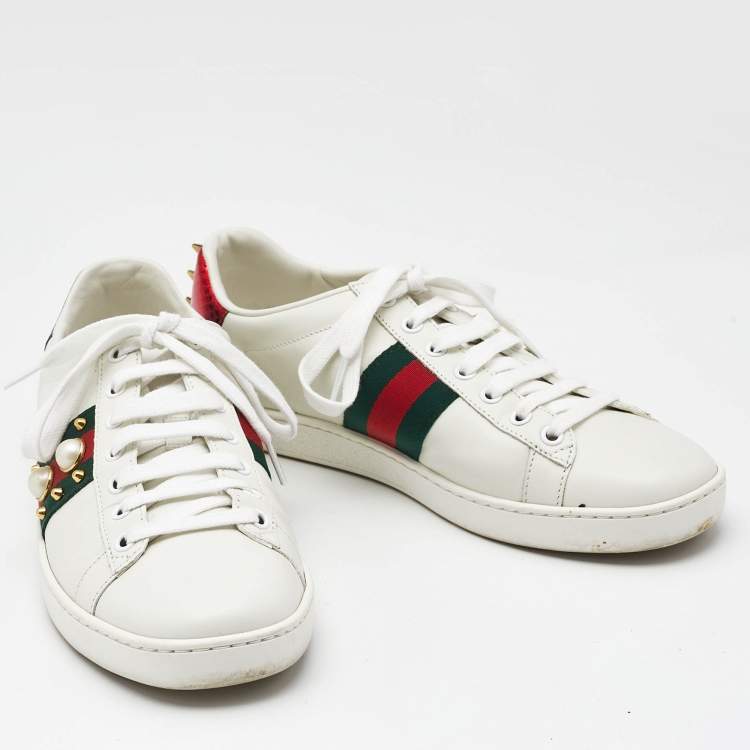 Pre Owned Gucci White Leather and Python Embossed Leather New Ace Lace Up Sneakers Size 38.5