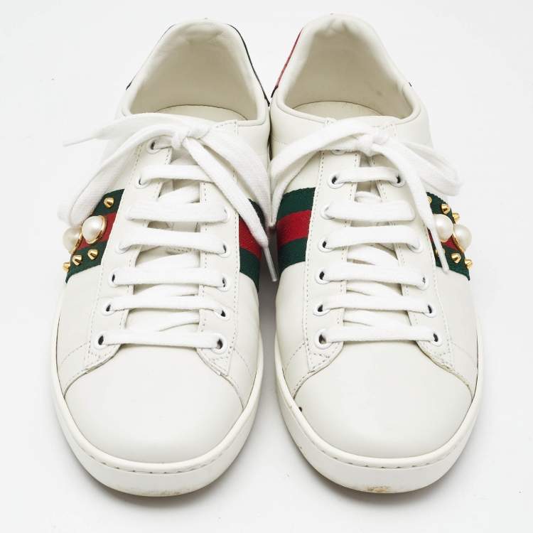 Pre Owned Gucci White Leather and Python Embossed Leather New Ace Lace Up Sneakers Size 38.5