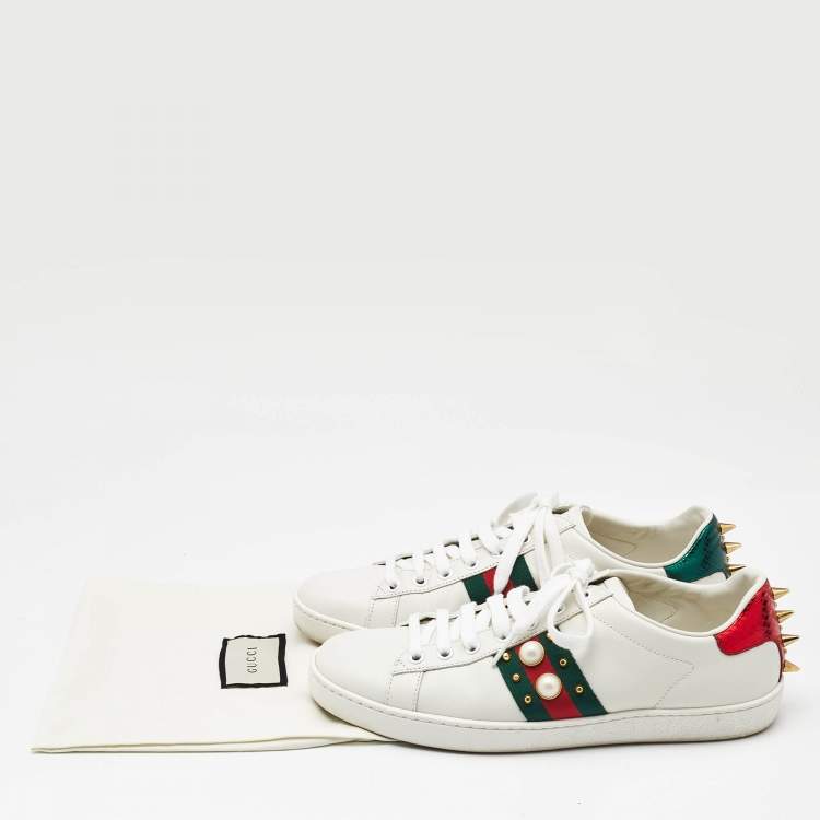 Pre Owned Gucci White Leather and Python Embossed Leather New Ace Lace Up Sneakers Size 38.5