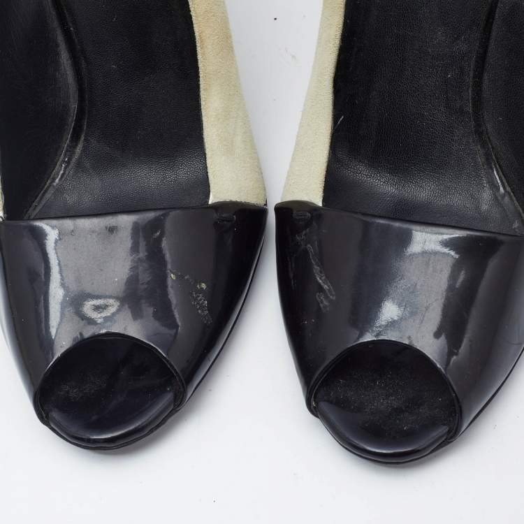 Pre Owned Gucci Black/White Patent Leather And Suede Peep Toe Pumps Size 37