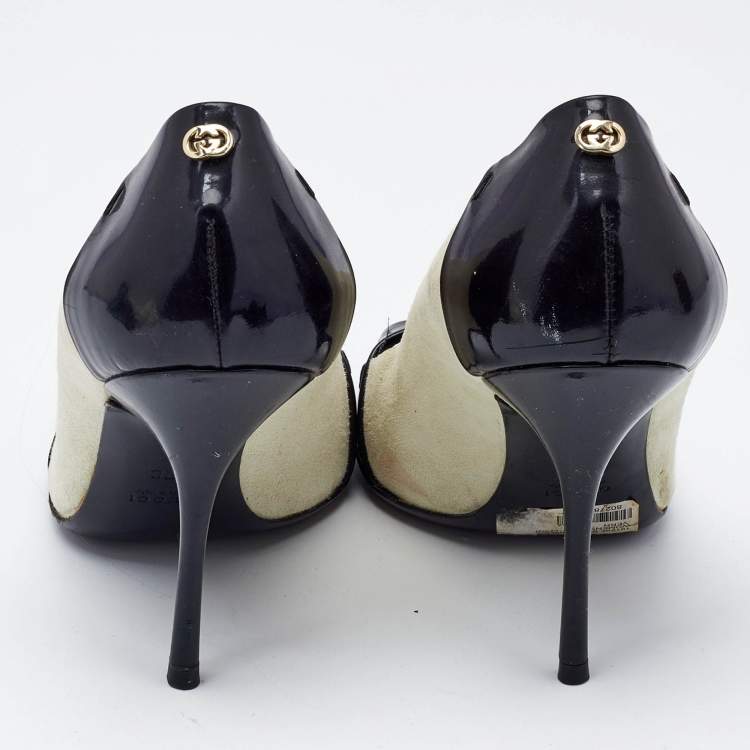 Pre Owned Gucci Black/White Patent Leather And Suede Peep Toe Pumps Size 37