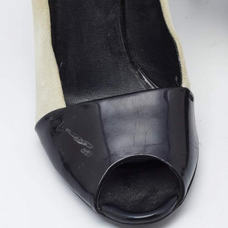 Pre Owned Gucci Black/White Patent Leather And Suede Peep Toe Pumps Size 37