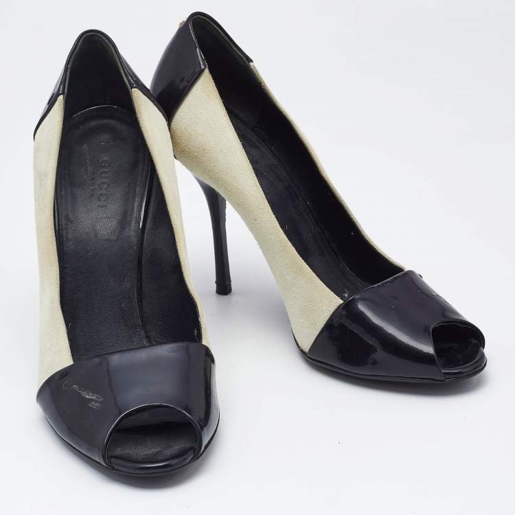Pre Owned Gucci Black/White Patent Leather And Suede Peep Toe Pumps Size 37