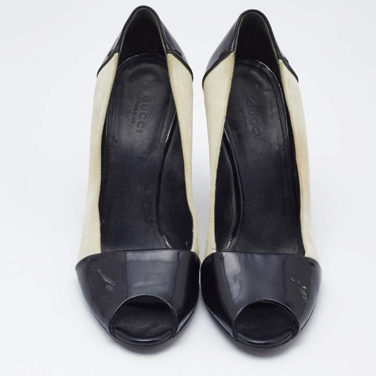 Pre Owned Gucci Black/White Patent Leather And Suede Peep Toe Pumps Size 37