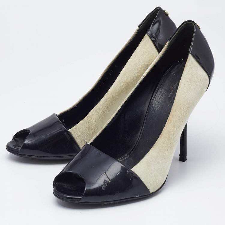 Pre Owned Gucci Black/White Patent Leather And Suede Peep Toe Pumps Size 37