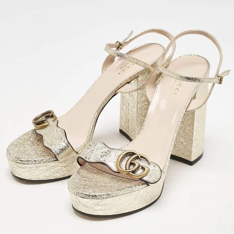 Pre Owned Gucci Gold Foil Leather GG Marmont Ankle Strap Sandals Size 39