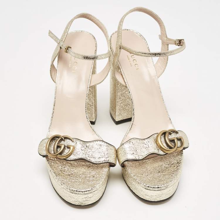 Pre Owned Gucci Gold Foil Leather GG Marmont Ankle Strap Sandals Size 39