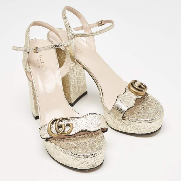 Pre Owned Gucci Gold Foil Leather GG Marmont Ankle Strap Sandals Size 39