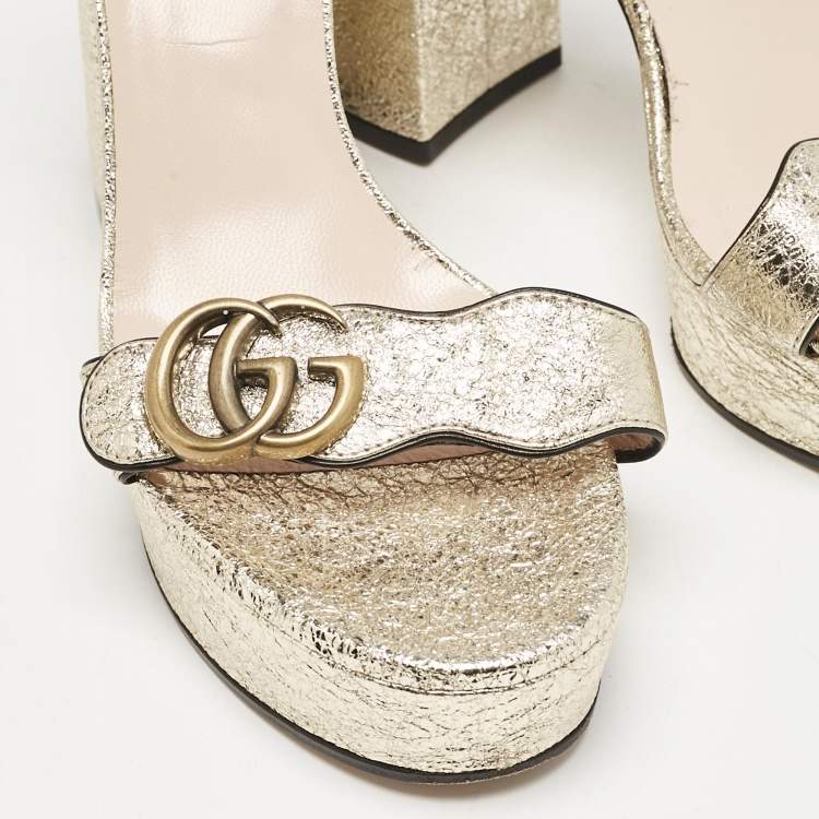 Pre Owned Gucci Gold Foil Leather GG Marmont Ankle Strap Sandals Size 39