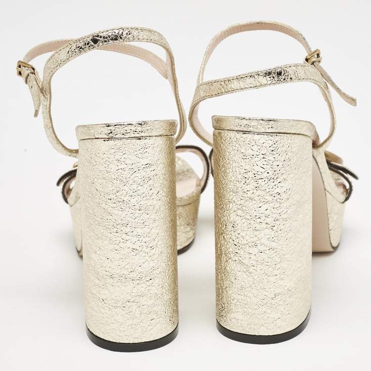 Pre Owned Gucci Gold Foil Leather GG Marmont Ankle Strap Sandals Size 39