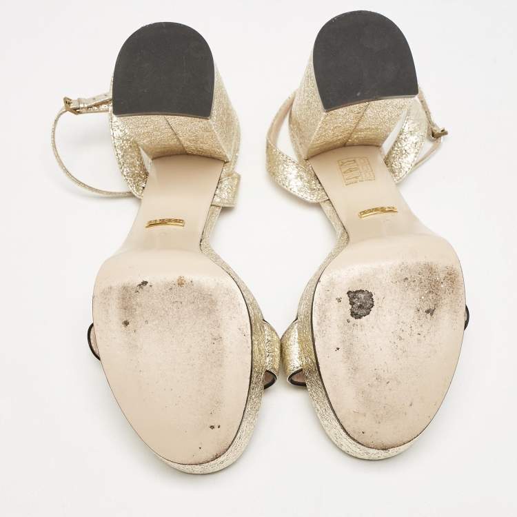 Pre Owned Gucci Gold Foil Leather GG Marmont Ankle Strap Sandals Size 39