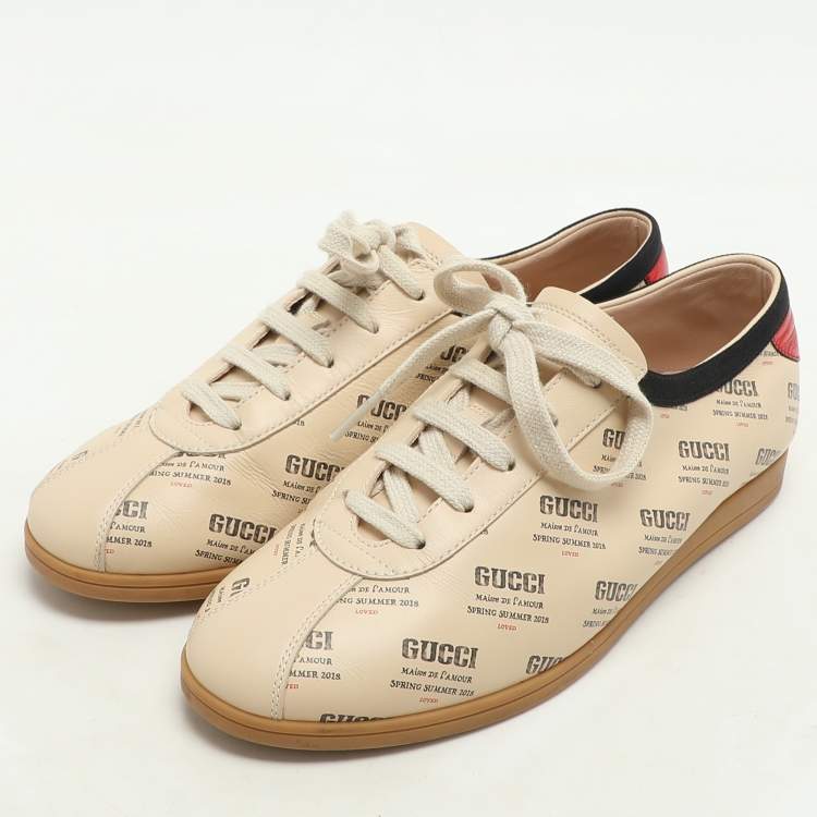 Pre Owned Gucci Beige Invite Print Leather Falacer Low Top Sneakers Size 37