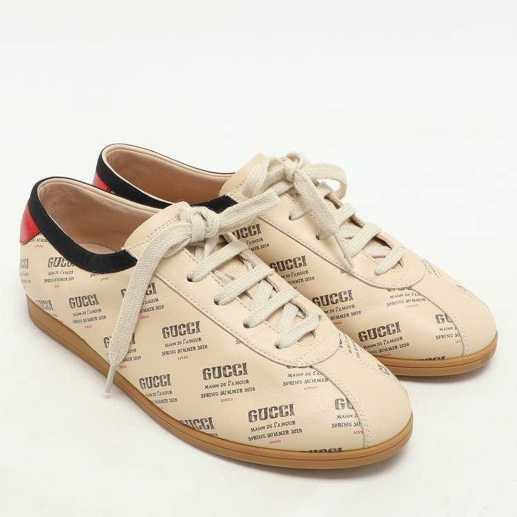 Pre Owned Gucci Beige Invite Print Leather Falacer Low Top Sneakers Size 37
