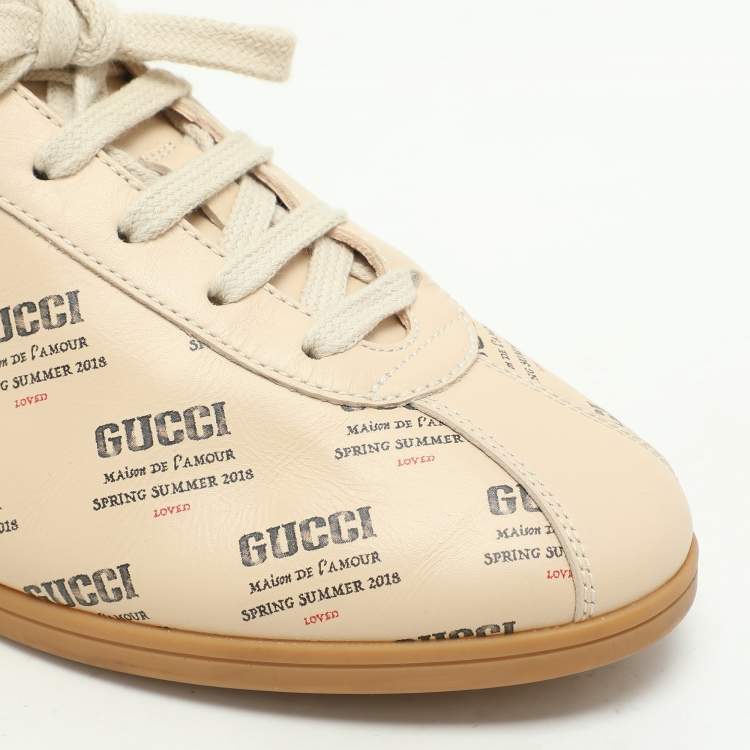 Pre Owned Gucci Beige Invite Print Leather Falacer Low Top Sneakers Size 37