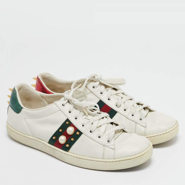 Pre Owned Gucci White Leather Studded Ace Sneakers Size 41