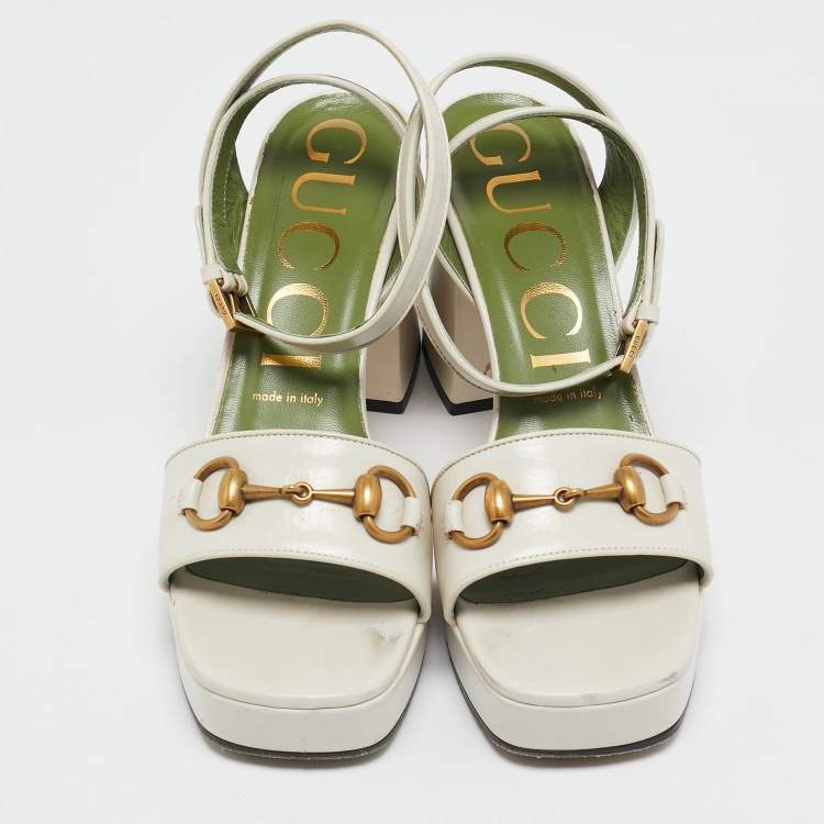 Pre Owned Gucci Cream Leather GG Marmont Platform Block Heel Ankle Strap Sandals Size 38.5