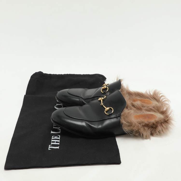 Pre Owned Gucci Black Leather Fur Lined Prince Town Mules Size 39