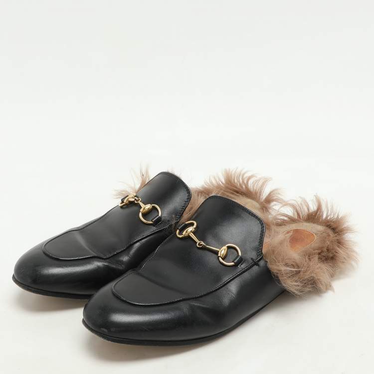 Pre Owned Gucci Black Leather Fur Lined Prince Town Mules Size 39