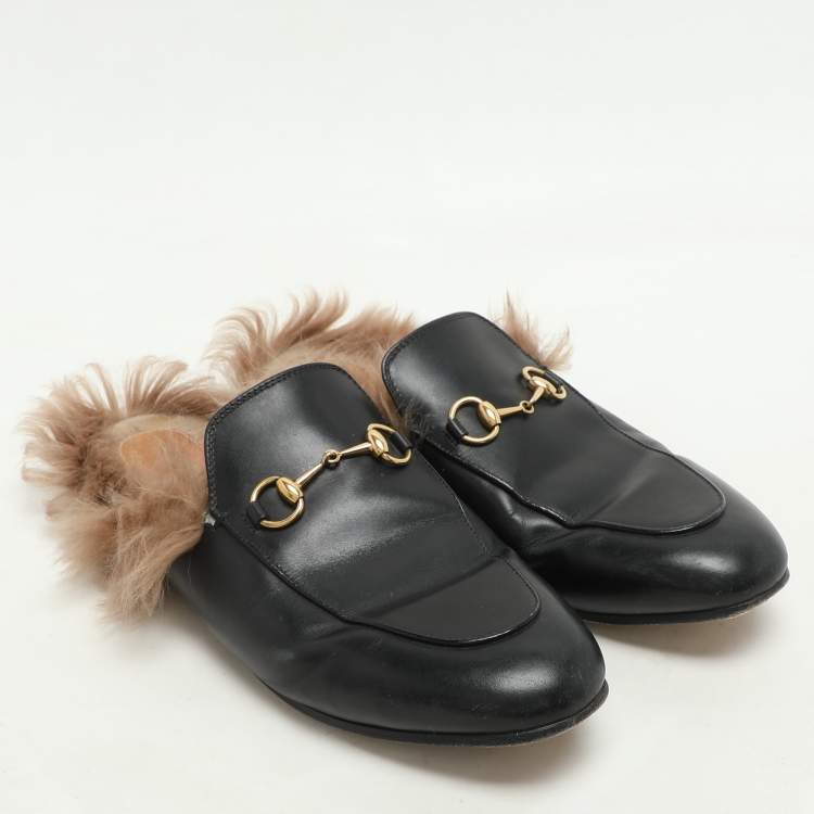 Pre Owned Gucci Black Leather Fur Lined Prince Town Mules Size 39
