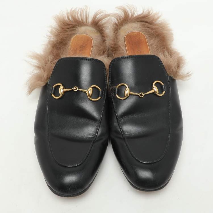 Pre Owned Gucci Black Leather Fur Lined Prince Town Mules Size 39