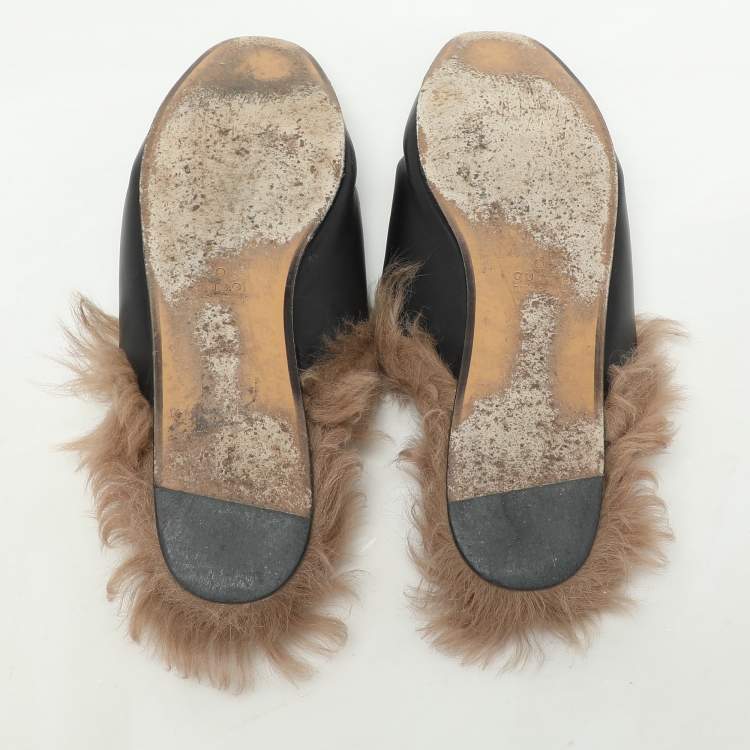 Pre Owned Gucci Black Leather Fur Lined Prince Town Mules Size 39