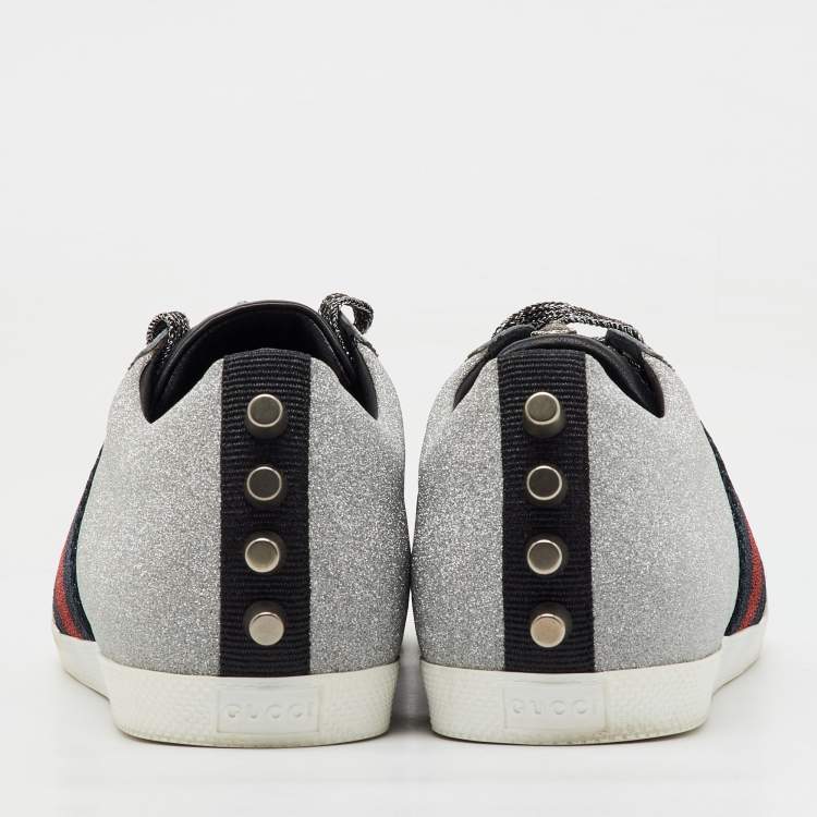 Pre Owned Gucci Silver Glitter Bambi Web Studded Low Top Sneakers Size 40
