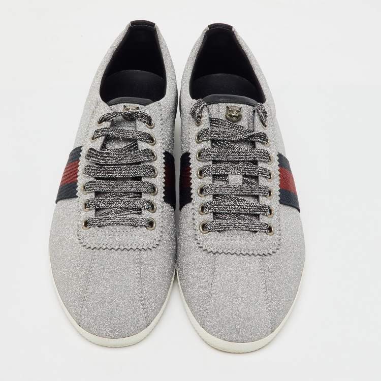 Pre Owned Gucci Silver Glitter Bambi Web Studded Low Top Sneakers Size 40