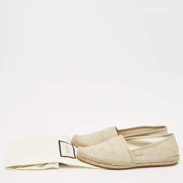 Pre Owned Gucci Cream/Grey Canvas and Leather Espadrille Flats Size 37.5
