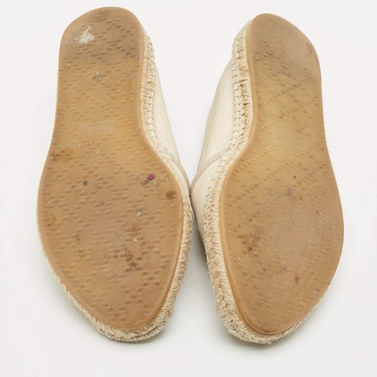 Pre Owned Gucci Cream/Grey Canvas and Leather Espadrille Flats Size 37.5