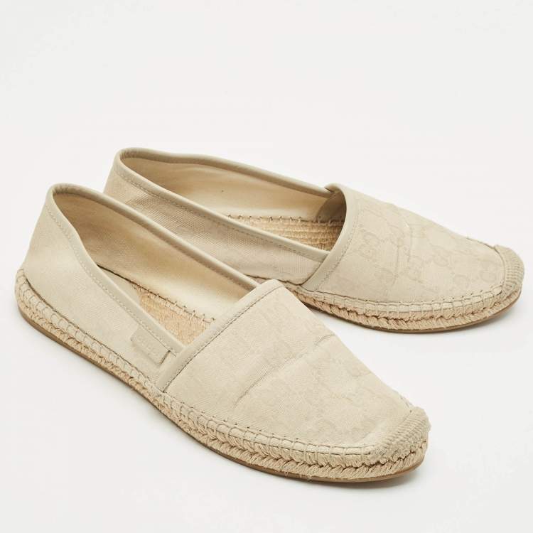 Pre Owned Gucci Cream/Grey Canvas and Leather Espadrille Flats Size 37.5
