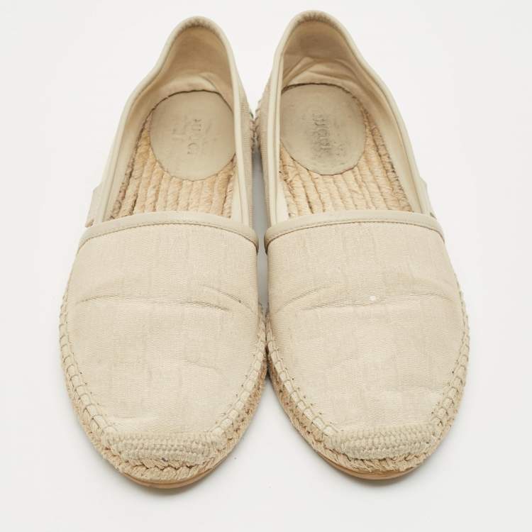 Pre Owned Gucci Cream/Grey Canvas and Leather Espadrille Flats Size 37.5
