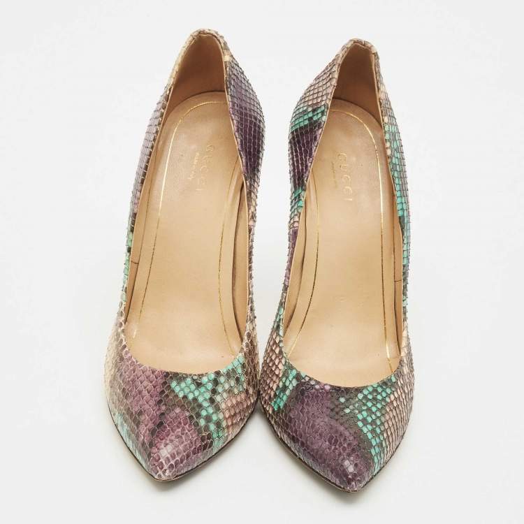 Pre Owned Gucci Multicolor Python Horsebit Pointed Toe Pumps Size 37.5