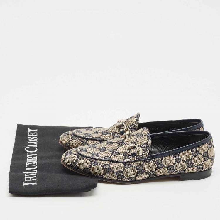 Pre Owned Gucci Beige/Blue GG Canvas and Leather Jordaan Horsebit Loafers Size 37