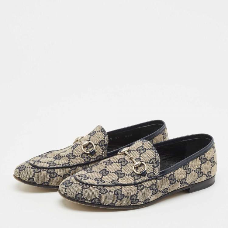 Pre Owned Gucci Beige/Blue GG Canvas and Leather Jordaan Horsebit Loafers Size 37
