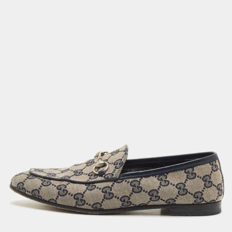 Pre Owned Gucci Beige/Blue GG Canvas and Leather Jordaan Horsebit Loafers Size 37