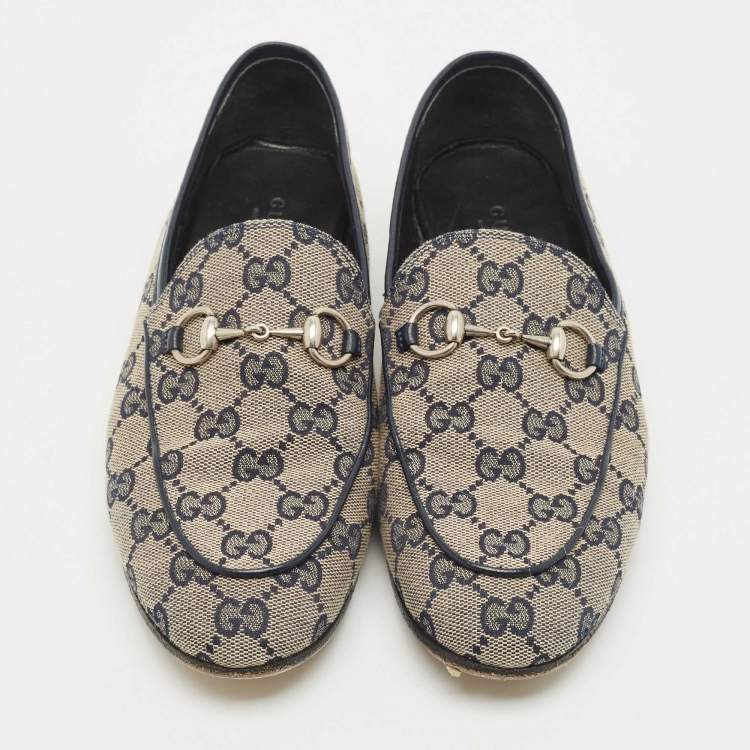 Pre Owned Gucci Beige/Blue GG Canvas and Leather Jordaan Horsebit Loafers Size 37