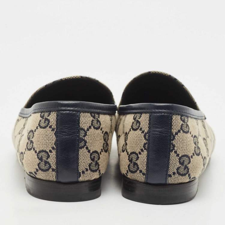 Pre Owned Gucci Beige/Blue GG Canvas and Leather Jordaan Horsebit Loafers Size 37