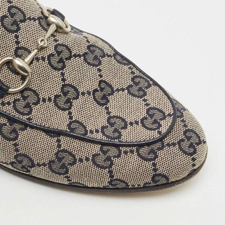 Pre Owned Gucci Beige/Blue GG Canvas and Leather Jordaan Horsebit Loafers Size 37