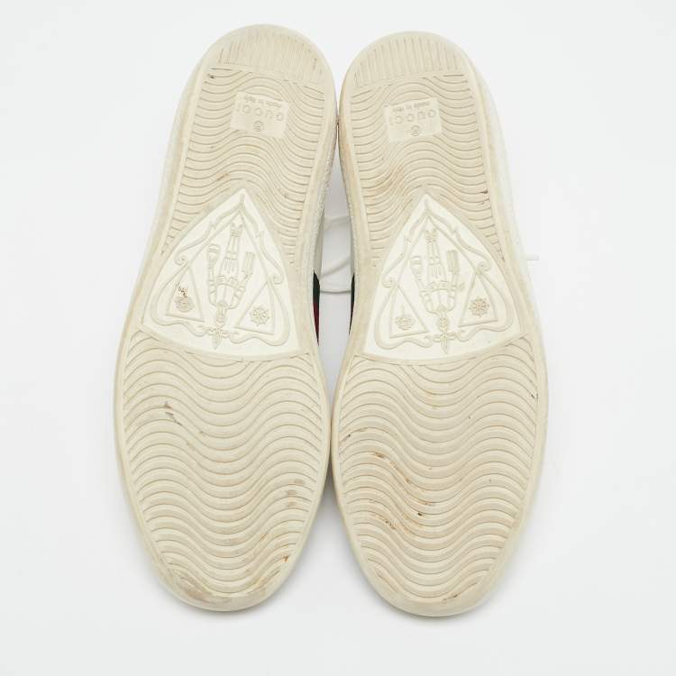 Pre Owned Gucci White Leather Web Detail Bee Embroidered Ace Low Top Sneakers Size 35.5