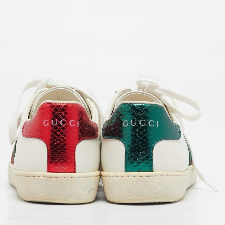 Pre Owned Gucci White Leather Web Detail Bee Embroidered Ace Low Top Sneakers Size 35.5
