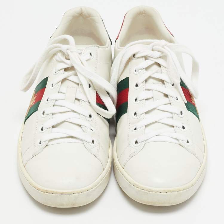Pre Owned Gucci White Leather Web Detail Bee Embroidered Ace Low Top Sneakers Size 35.5