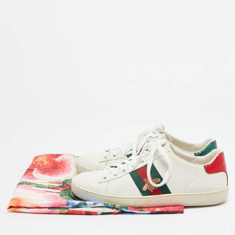 Pre Owned Gucci White Leather Web Detail Bee Embroidered Ace Low Top Sneakers Size 35.5