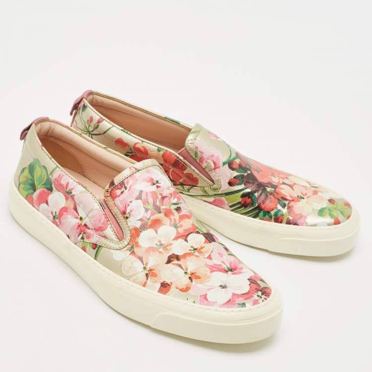 Pre Owned Gucci Pink Leather Blooms Slip On Sneakers Size 38
