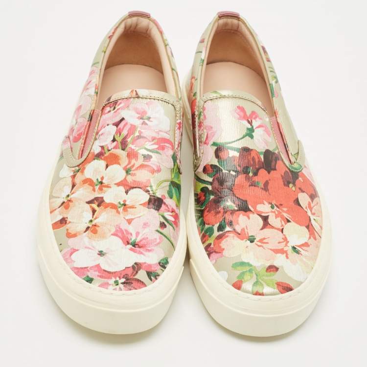 Pre Owned Gucci Pink Leather Blooms Slip On Sneakers Size 38